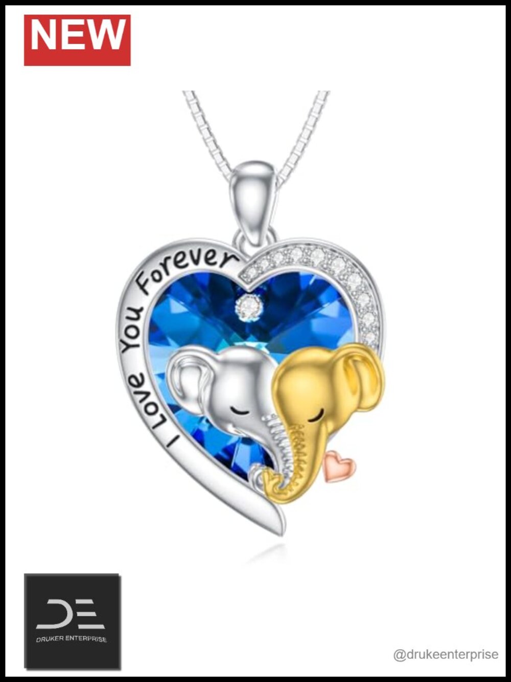 925 Sterling Silver Double Elephant Necklace Luck Heart Crystal Pendant Jewelry